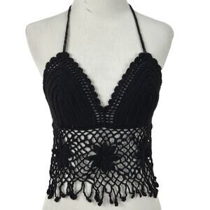 Women Festival Crotchet Tank Top Fairy Beach Surfer Boho Black Size XS/S